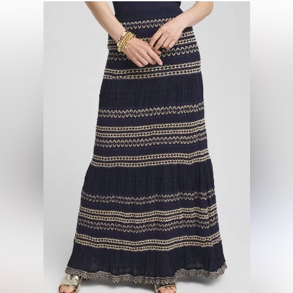Chico’s Navy/Beige Striped Maxi Skirt with Crochet 100% Cotton NWT Size 2P (LP)